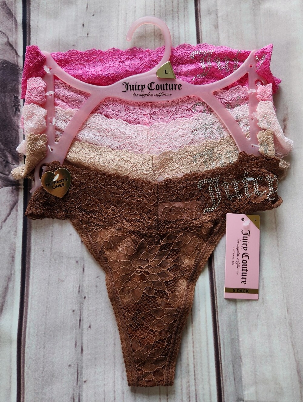 NWT Juicy Couture Underwear Set 5 Pack Lacy Thong Pink Nude, Women's Size L